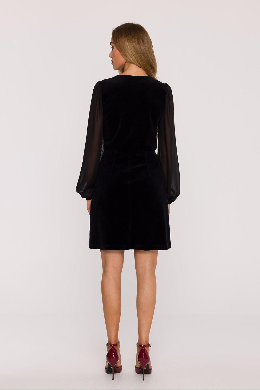 Black evening dress with sheer long sleeves and straight back mini length