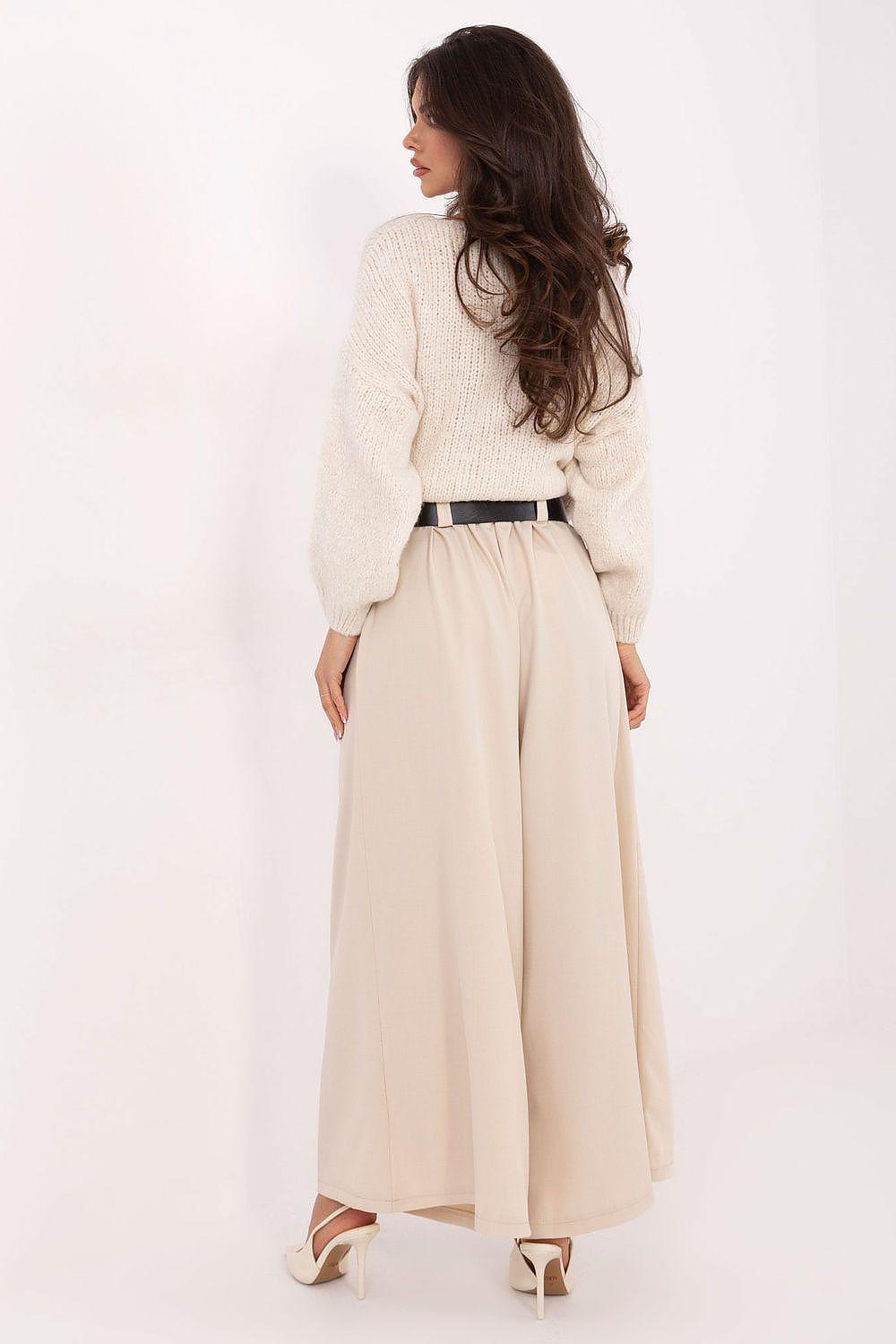 Beige wide-leg trousers with pleats and black belt detail