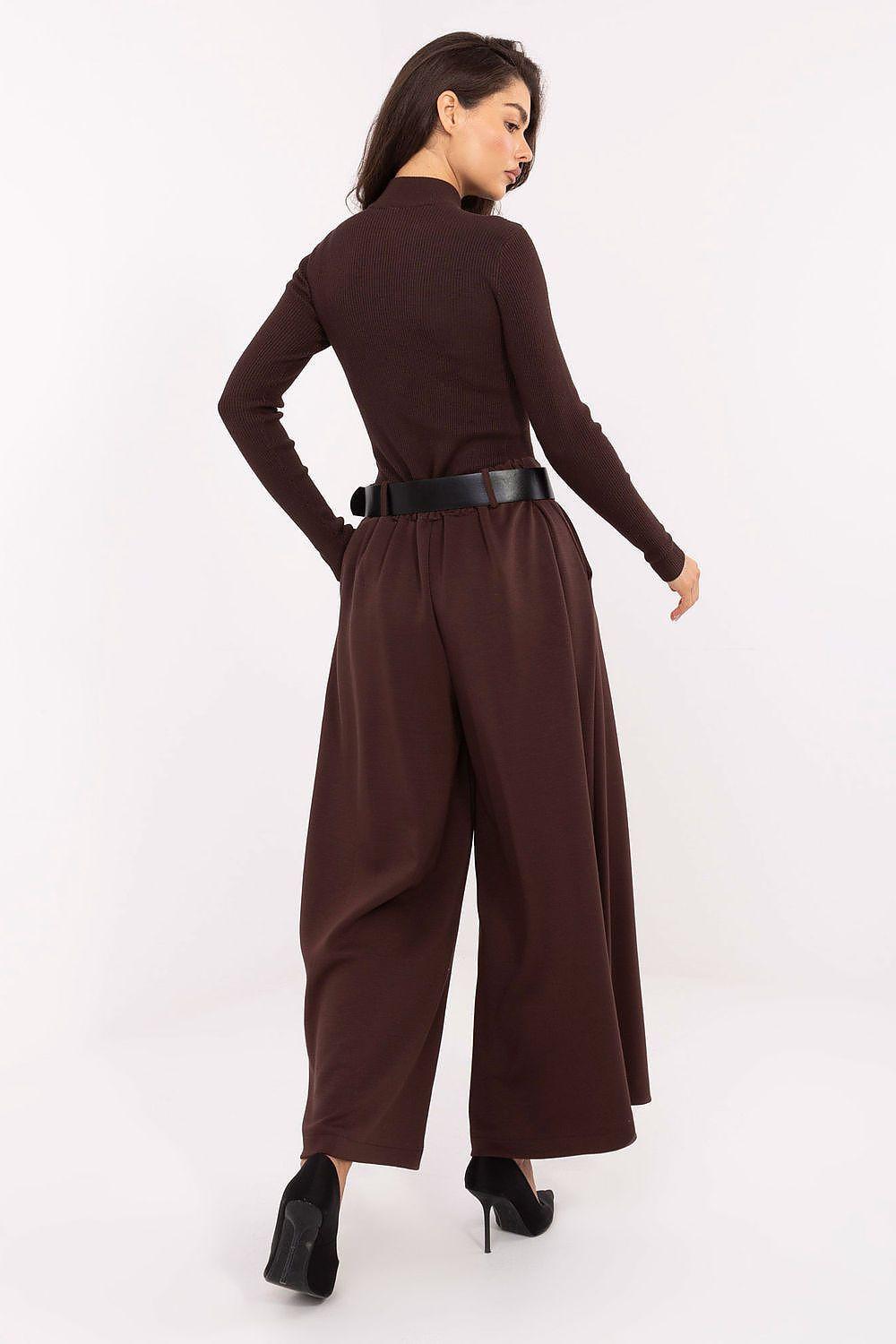 Women’s brown wide-leg trousers with belt, back view and tapered hem