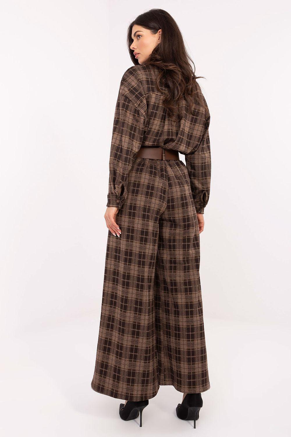 Women’s plaid wide-leg trousers with belt, long straight legs