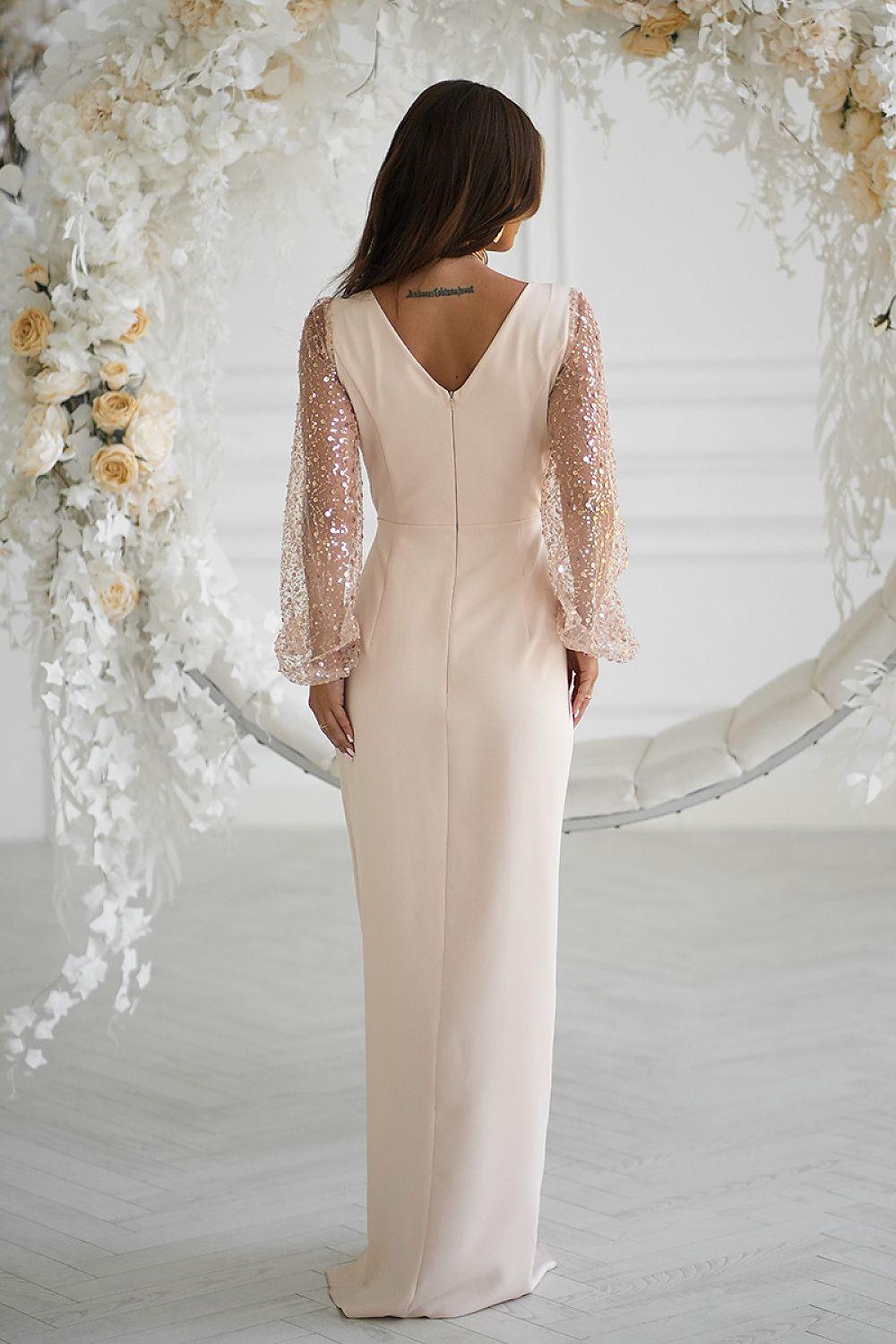 Long dress Bicotone in beige, back view with V-back and sheer lace sleeves