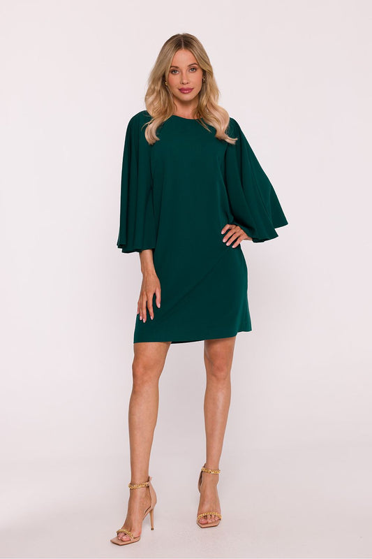 Stylove daydress in dark green with three-quarter flared sleeves and straight hem
