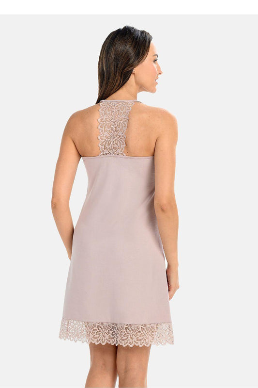 Sleeveless lace nightdress with lace back panel and scalloped hem, back view