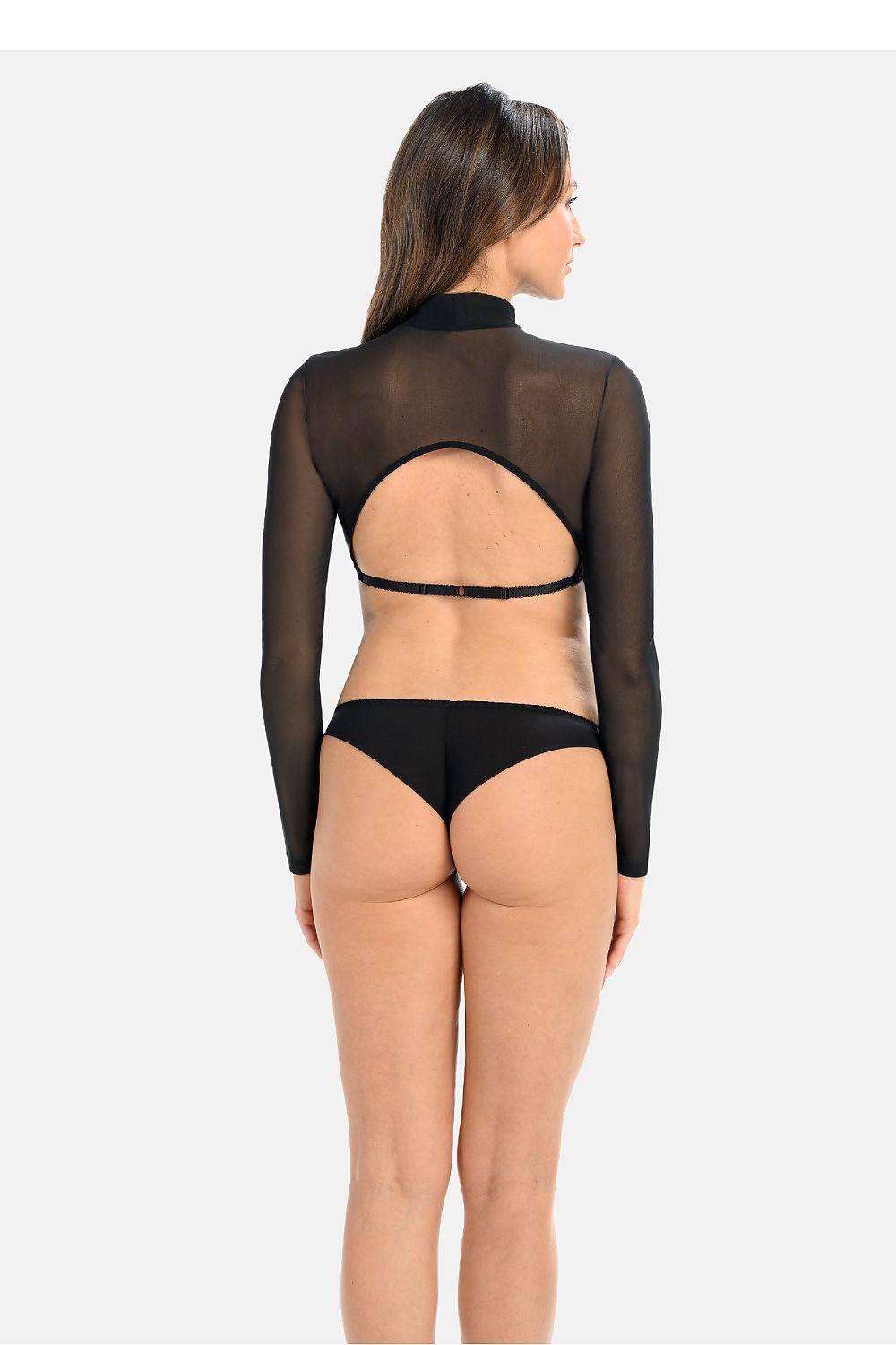 Sheer black long-sleeve crop top with high neck, back view, matching bikini briefs
