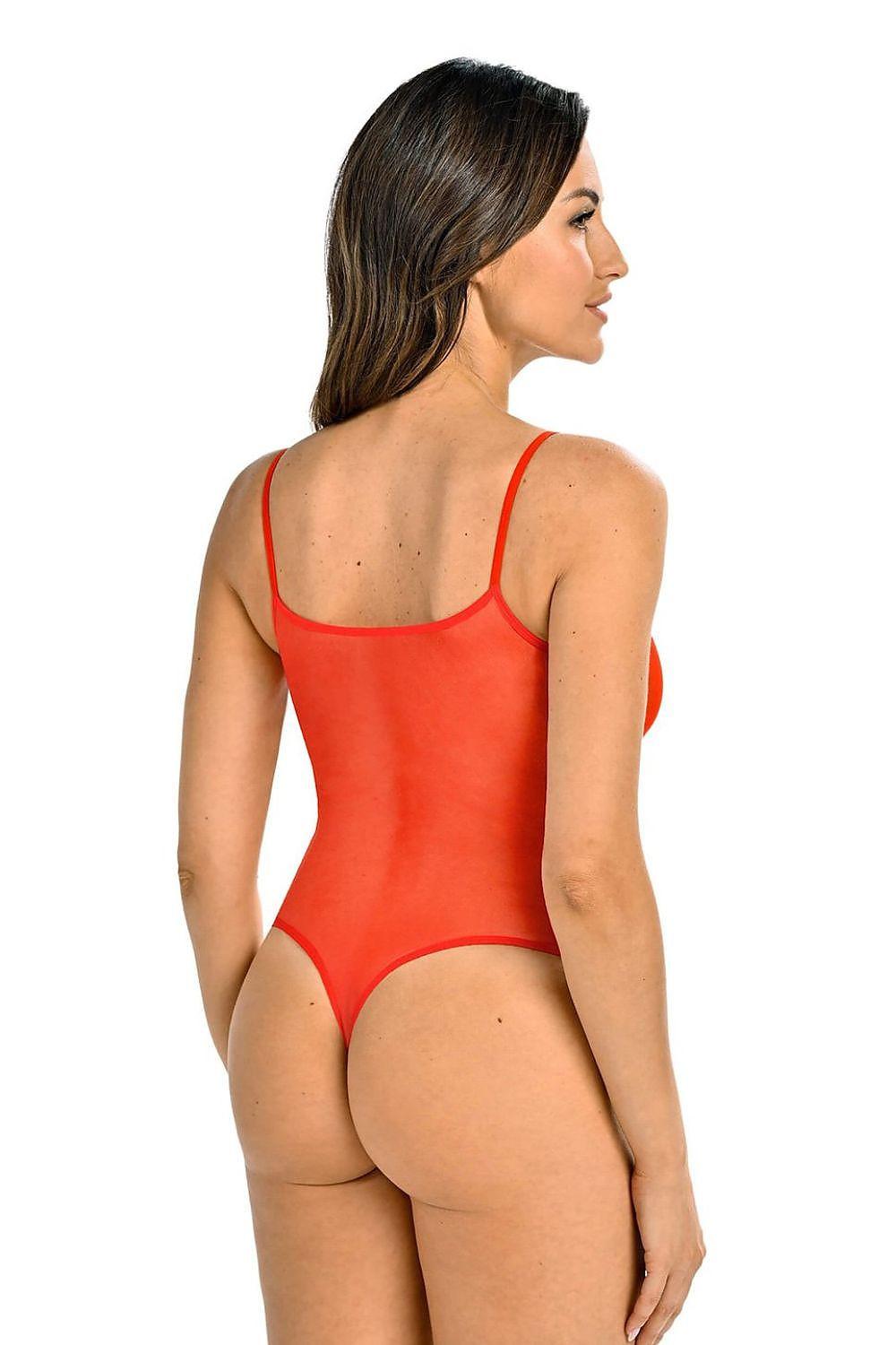 Red sheer one-piece bodysuit with open back and thin straps
