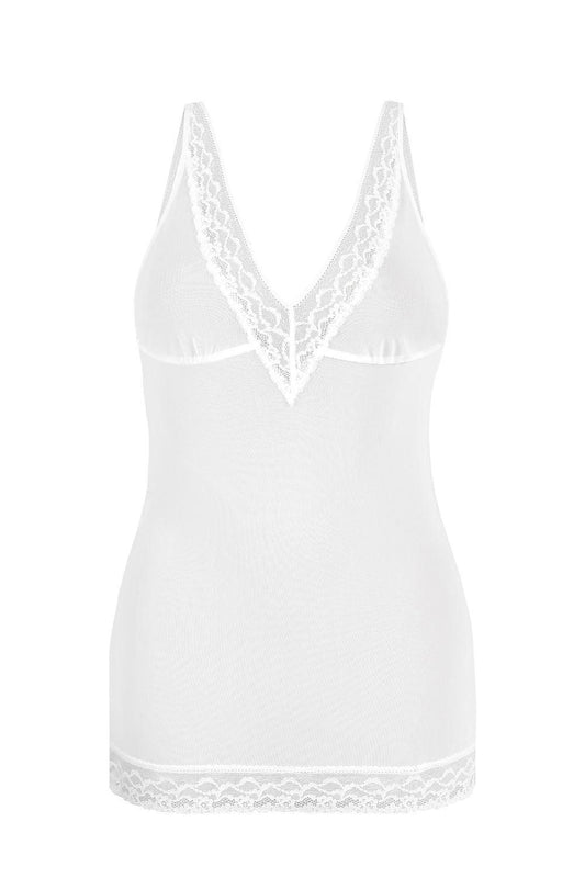 Womens white lace-trim babydoll shirt with V-neck and eyelash lace trim