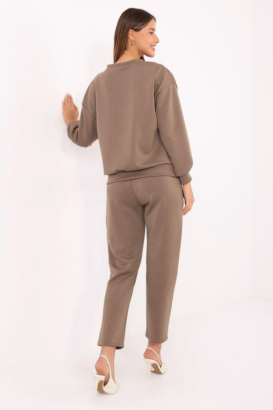 Brown quilted blouse and tapered pants set viewed from back, long sleeves