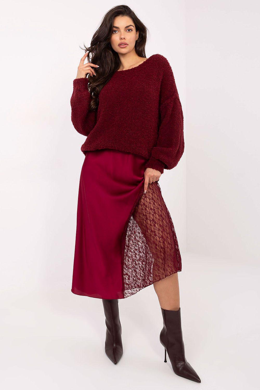 Mermaid skirt with lace detail, deep red, fitted silhouette and lace panel hem