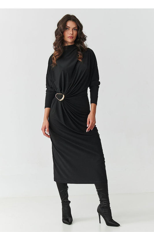Black midi daydress with high neck and long sleeves, ruched waist with buckle