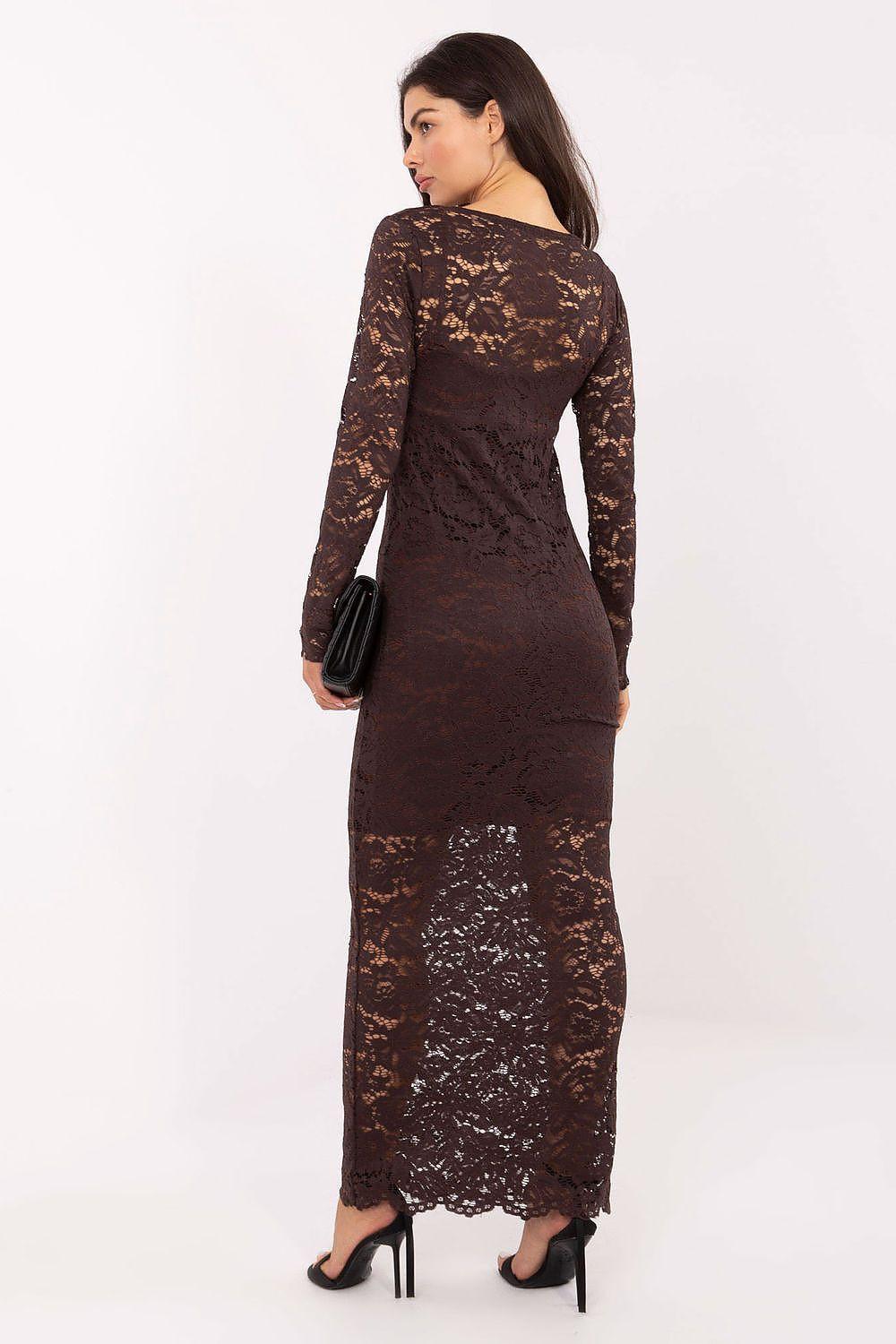 Brown long lace dress, back view, fitted silhouette with sheer lace panel