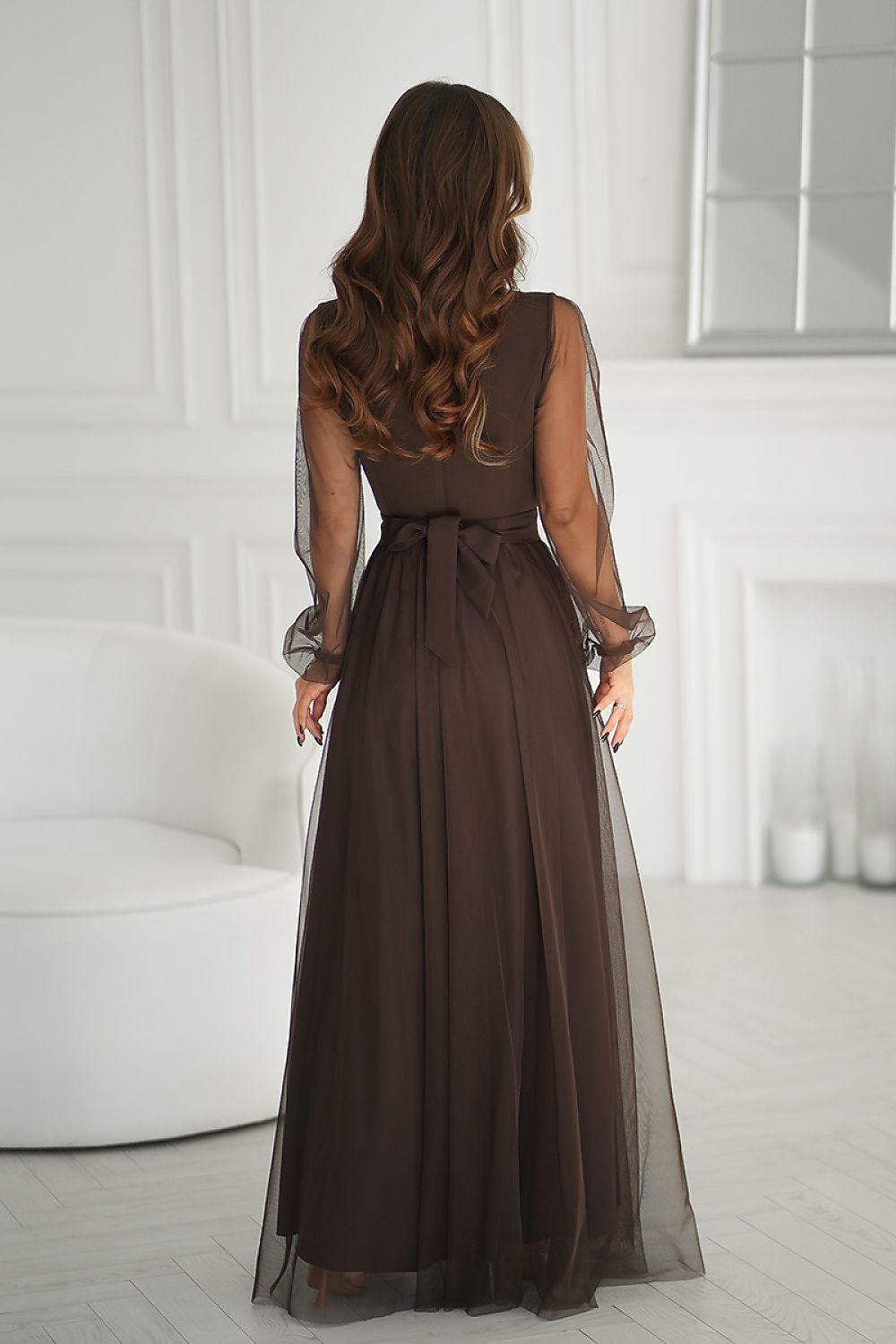 Back view of dark brown long dress with tie waist and sheer sleeves
