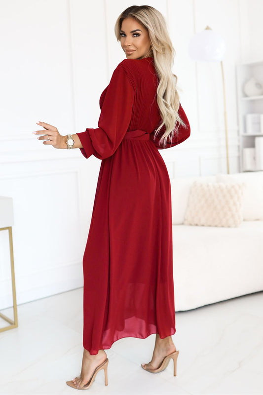 Numoco daydress model 220669 red, flowy long skirt, long sleeves, V-neck, belt