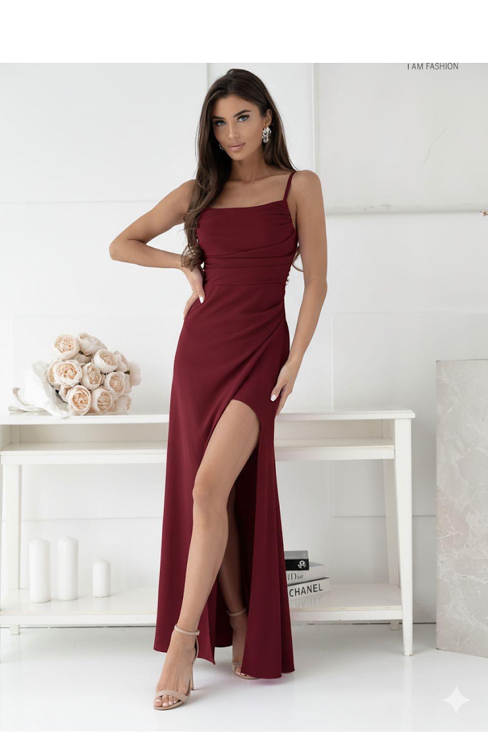 Burgundy long dress with spaghetti straps, ruched bodice, and side slit