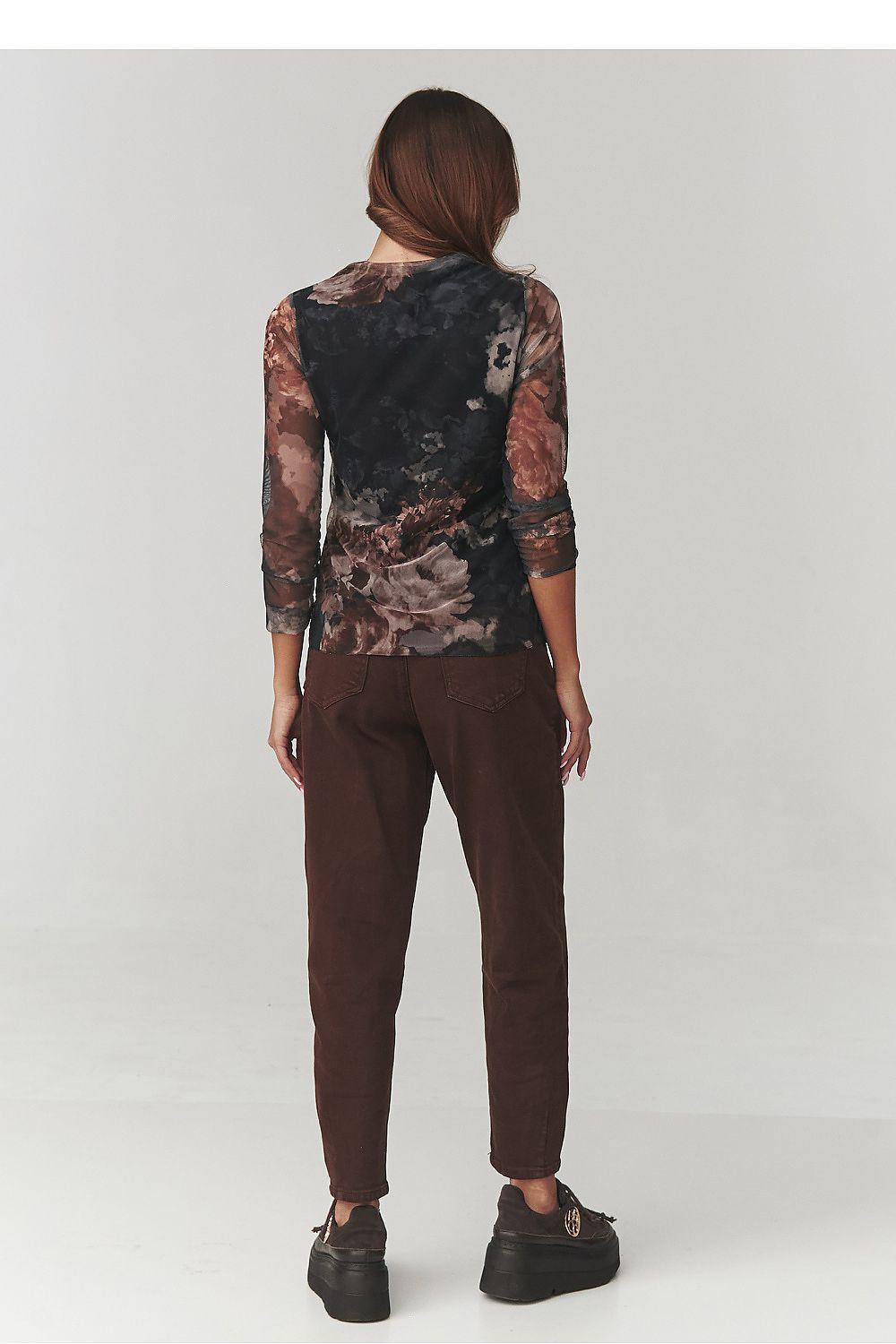 Floral mesh turtleneck blouse, back view with sheer sleeves and dark floral print