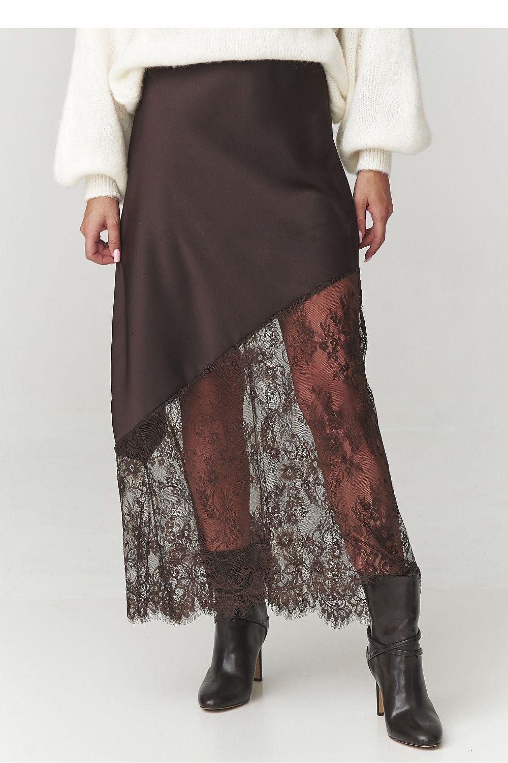 Asymmetrical lace skirt with dark brown overlay and layered sheer lace panels
