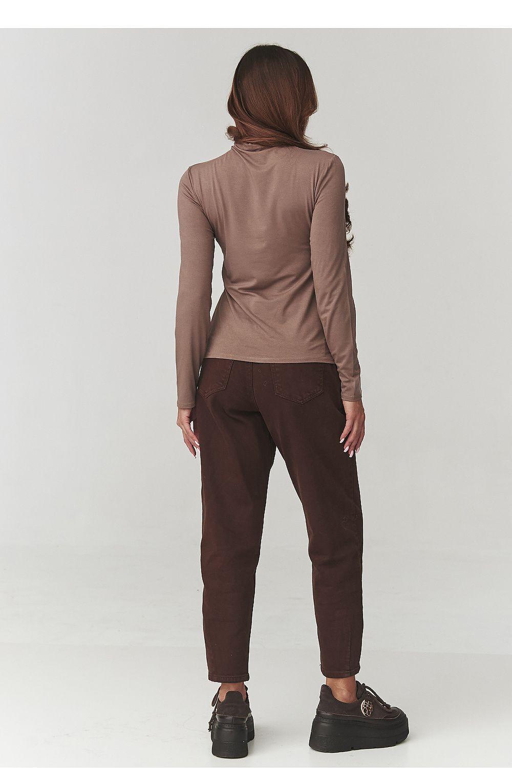 Beige-brown back view turtleneck blouse with high neck and long sleeves