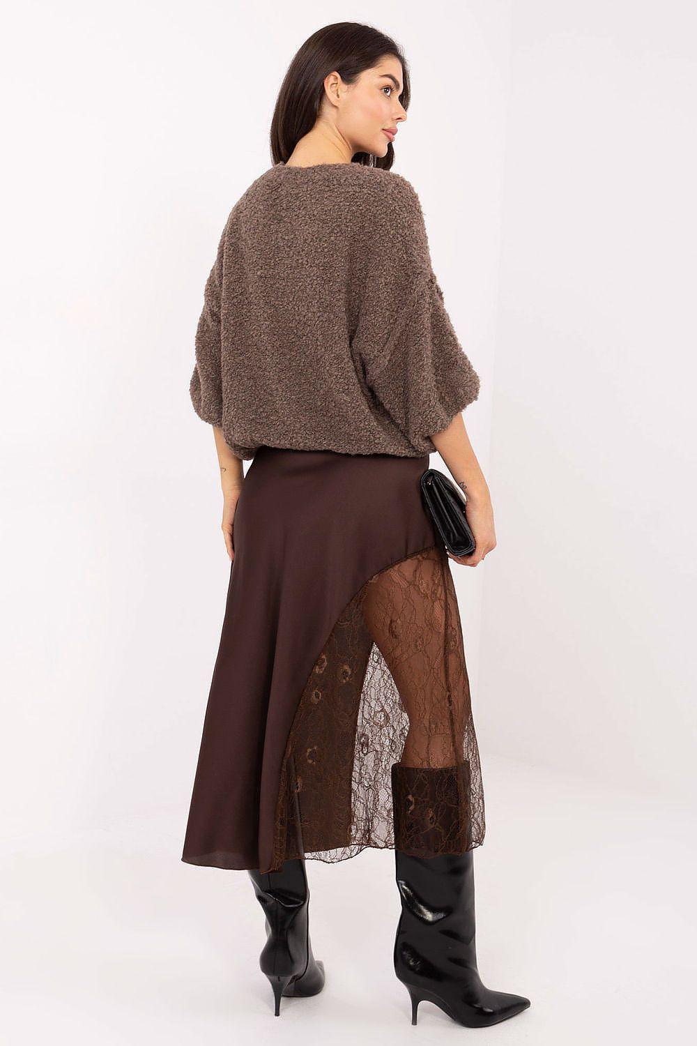 Rue Paris lace skirt in dark brown with sheer lace side panel and hem overlay