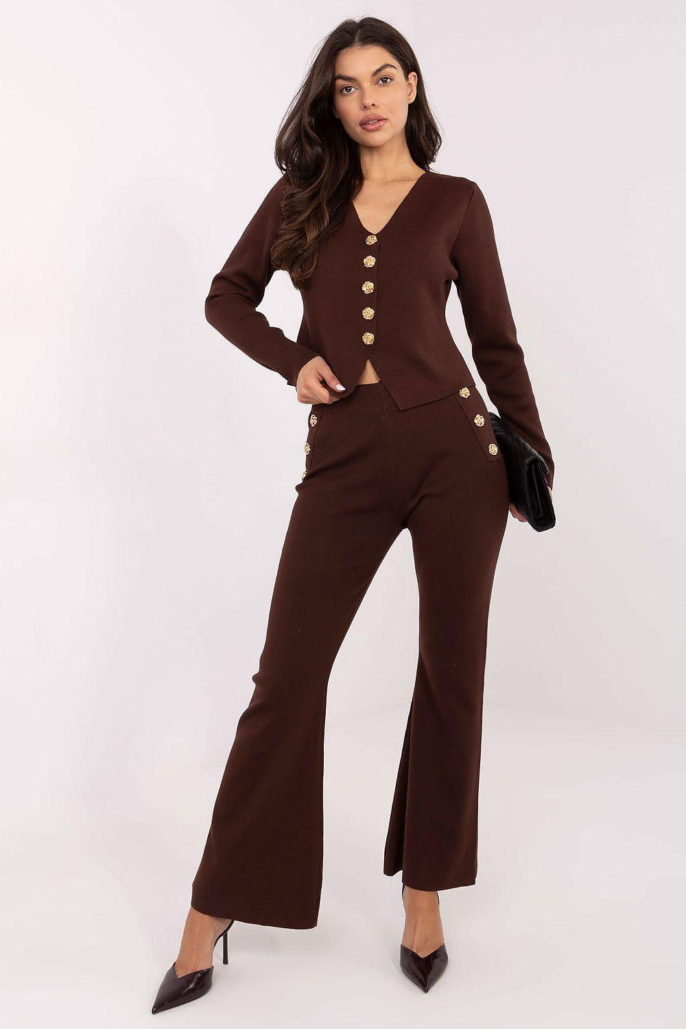 Brown sweater and pants set with gold button front and wide-leg trousers
