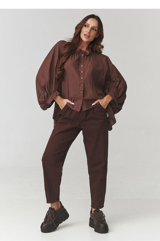 Brown oversize shirt with wide puff sleeves and button front, hi-low hem