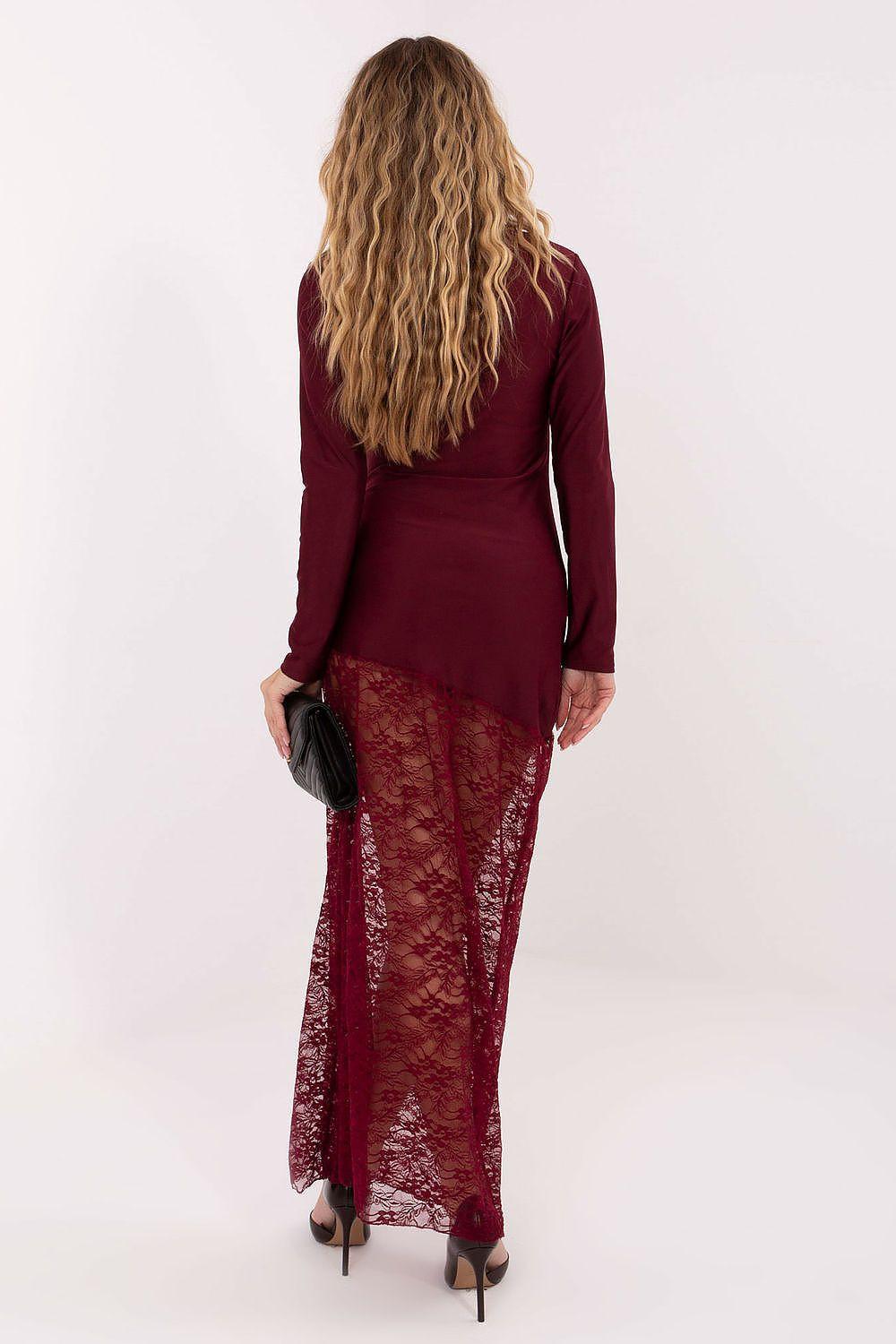 Back view of long burgundy dress with long sleeves and sheer lace skirt panels