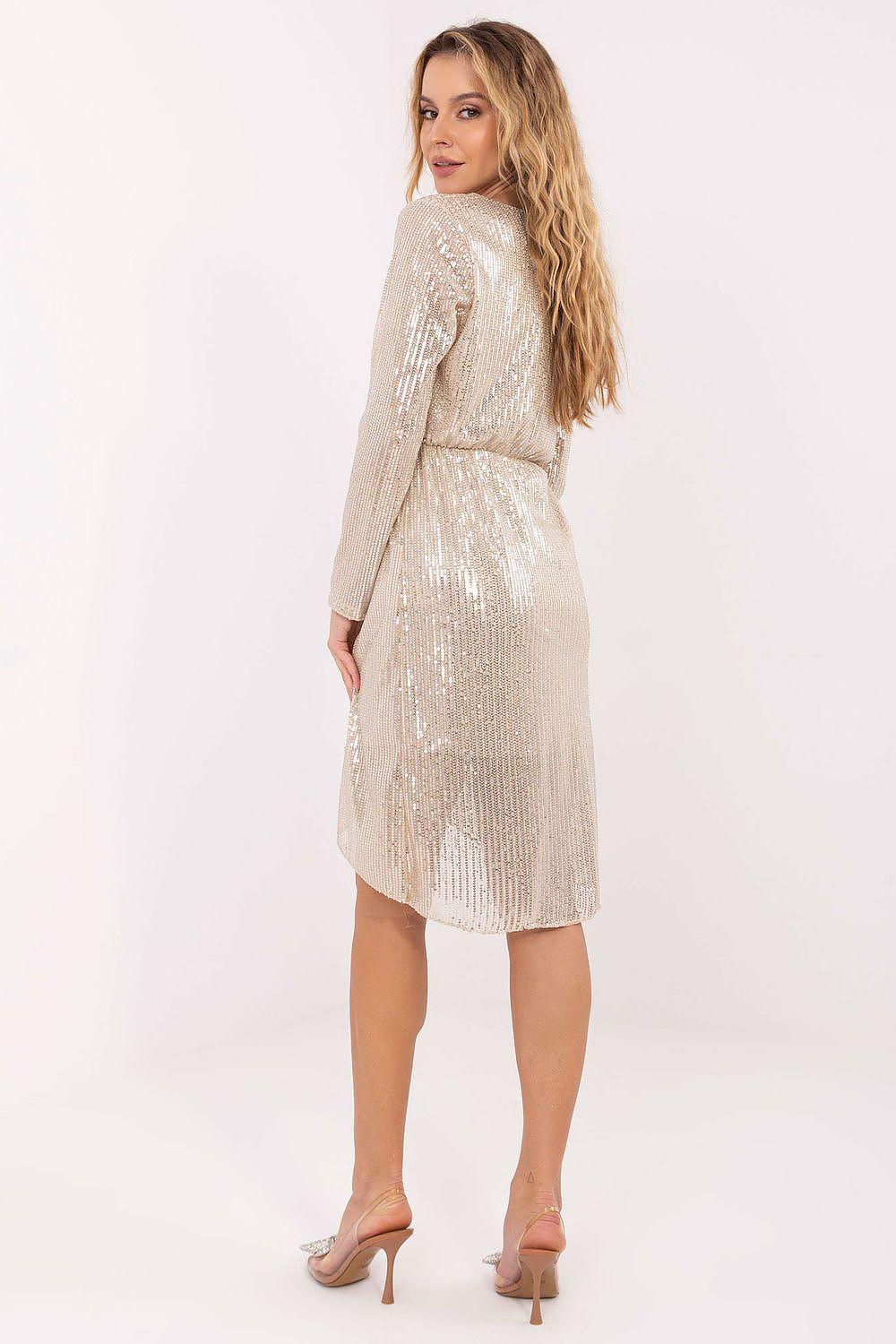 Beige sequin evening dress, long sleeves, V-neck, straight midi cut