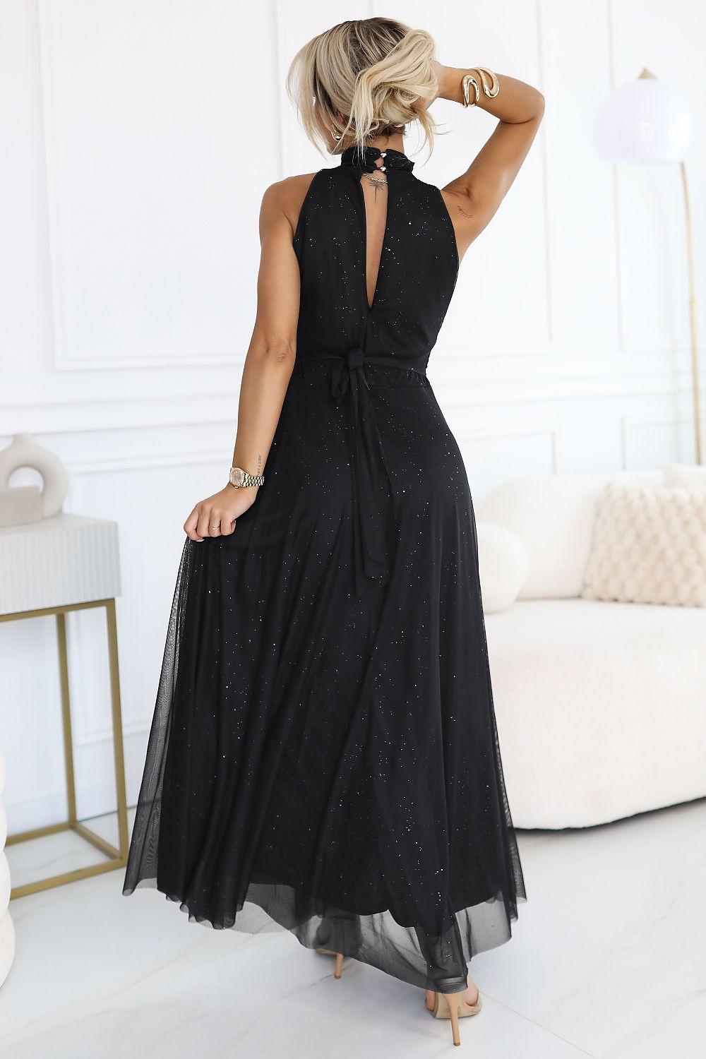 Black sleeveless maxi dress with keyhole open back and sparkly tulle skirt