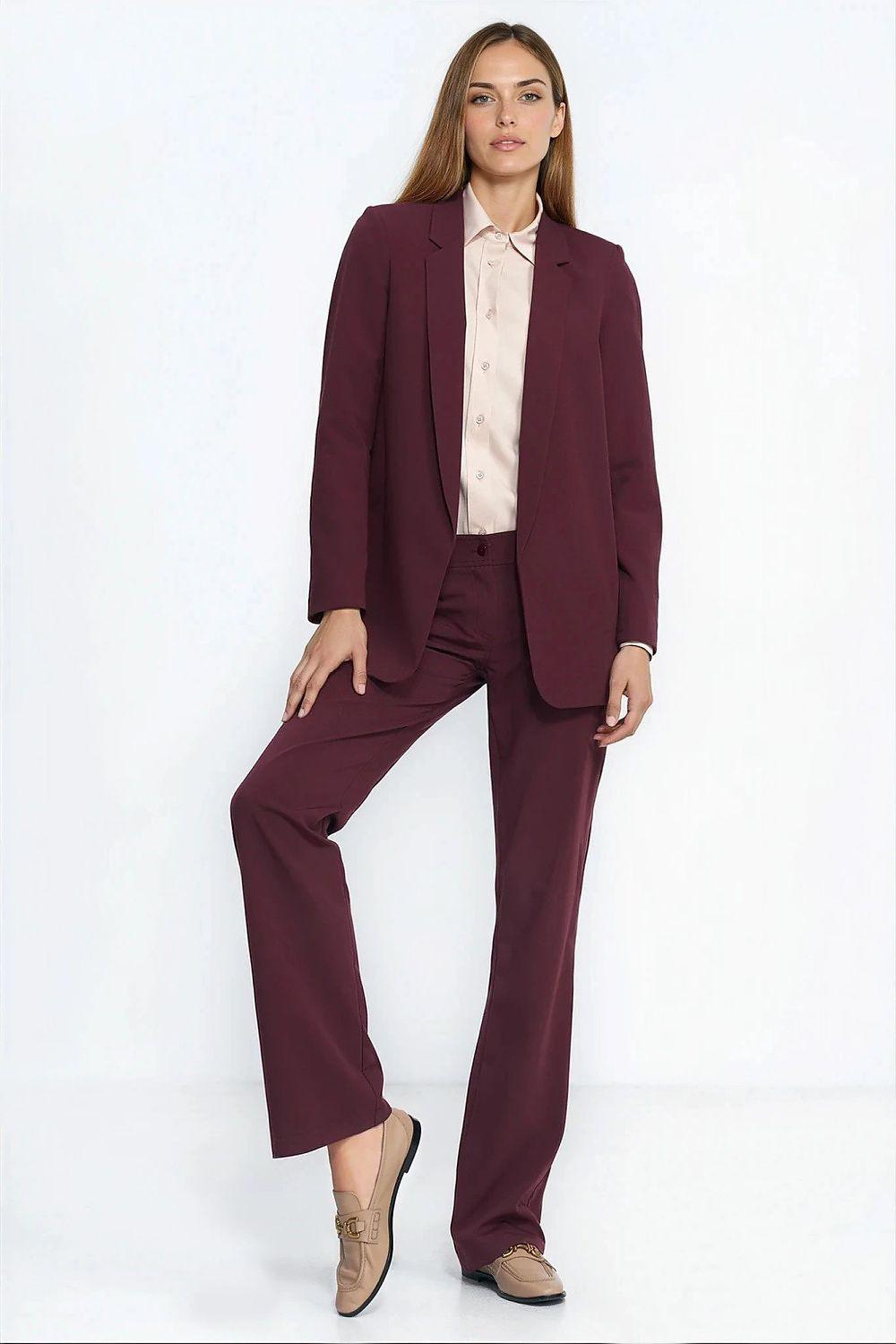 Women's burgundy blazer jacket with notch lapels and cuffed sleeves