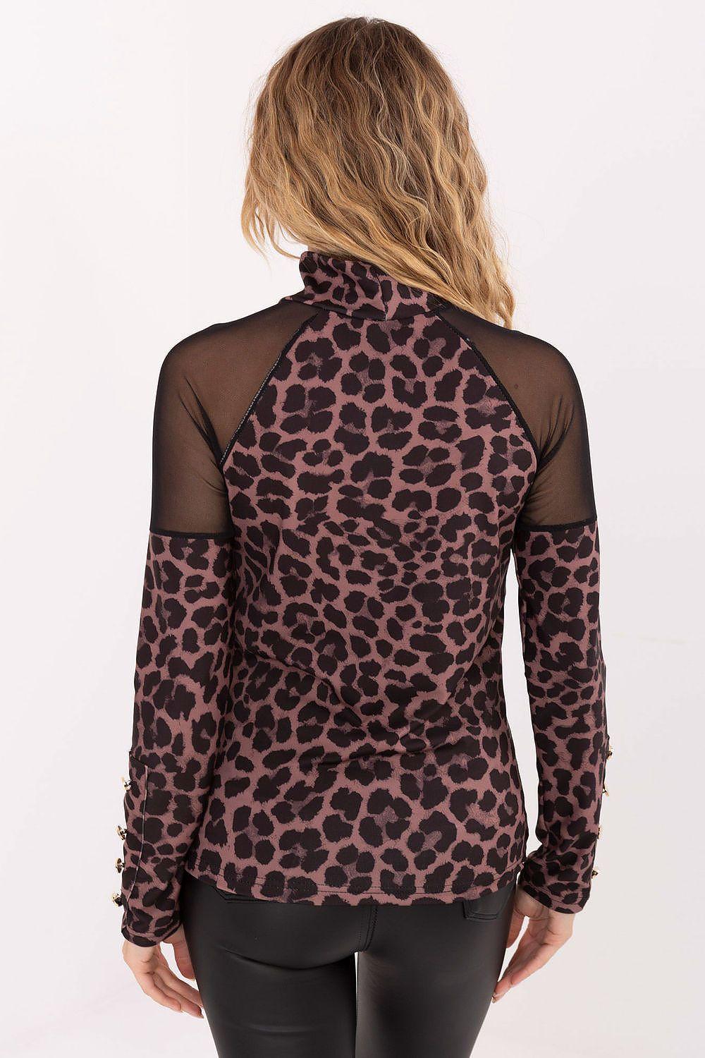 Leopard print mesh-shoulder turtleneck blouse with long sheer sleeves, back view