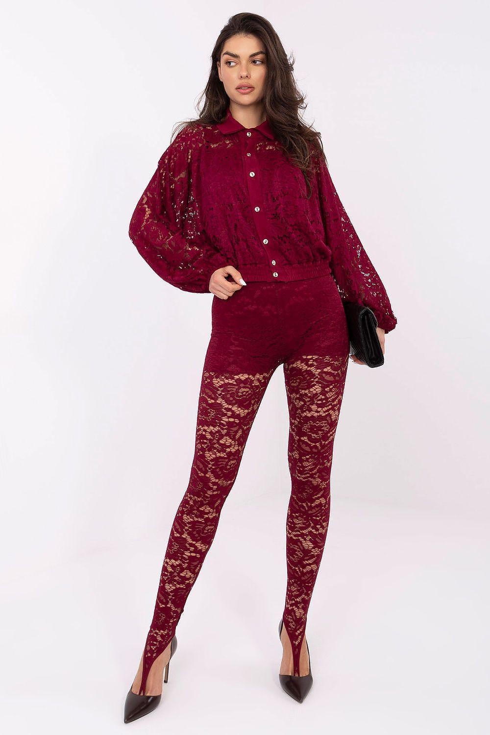 Burgundy long-sleeve lace shirt with button placket and scalloped cuffs