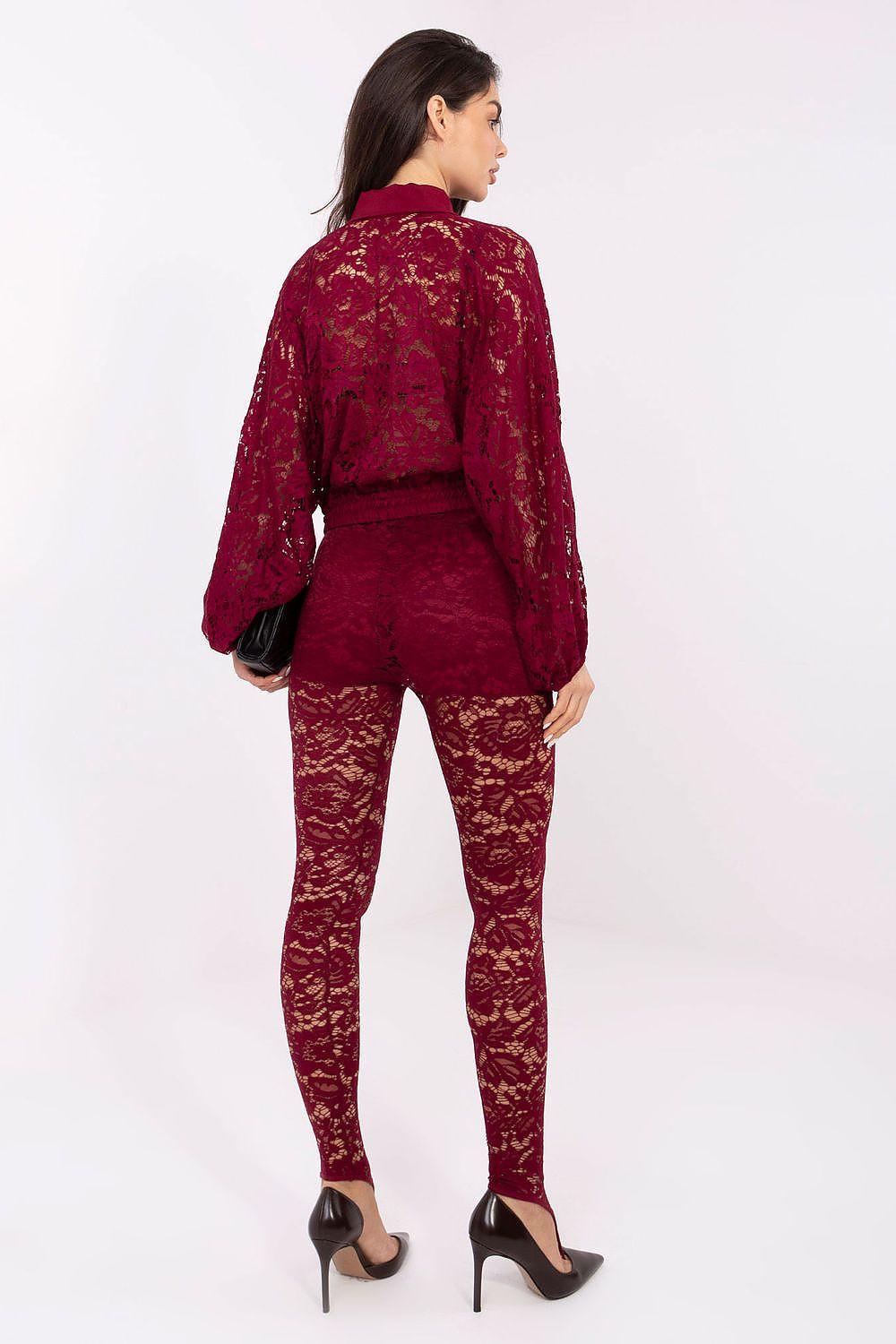 Red abstract print leggings, full-length, back view, fitted with waistband