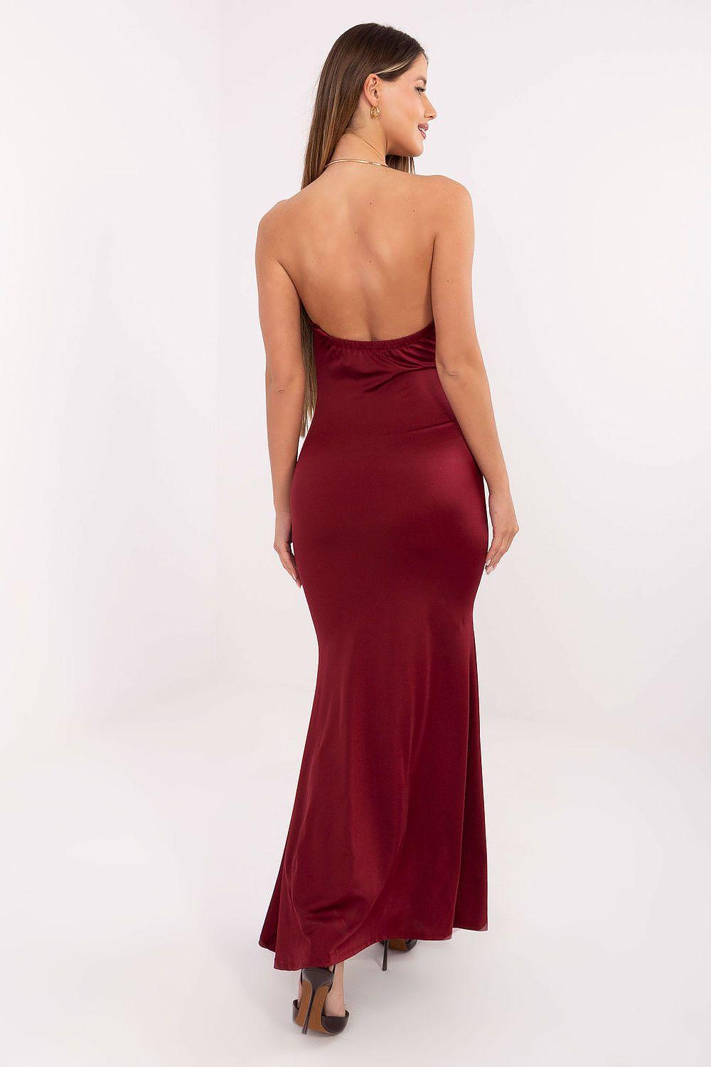 Backless long fitted dress in burgundy with thin straps
