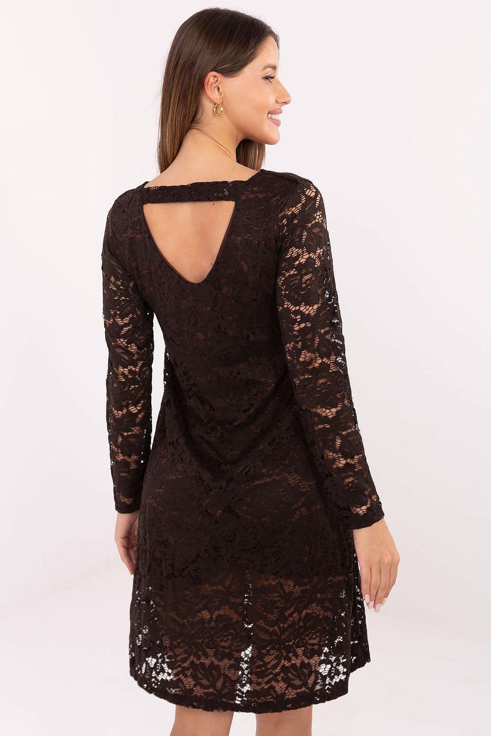 Brown lace evening dress back with open keyhole neckline and long sleeves