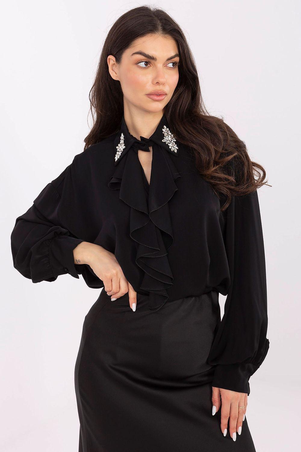 Embellished-collar black blouse with bow tie neckline and layered ruffles