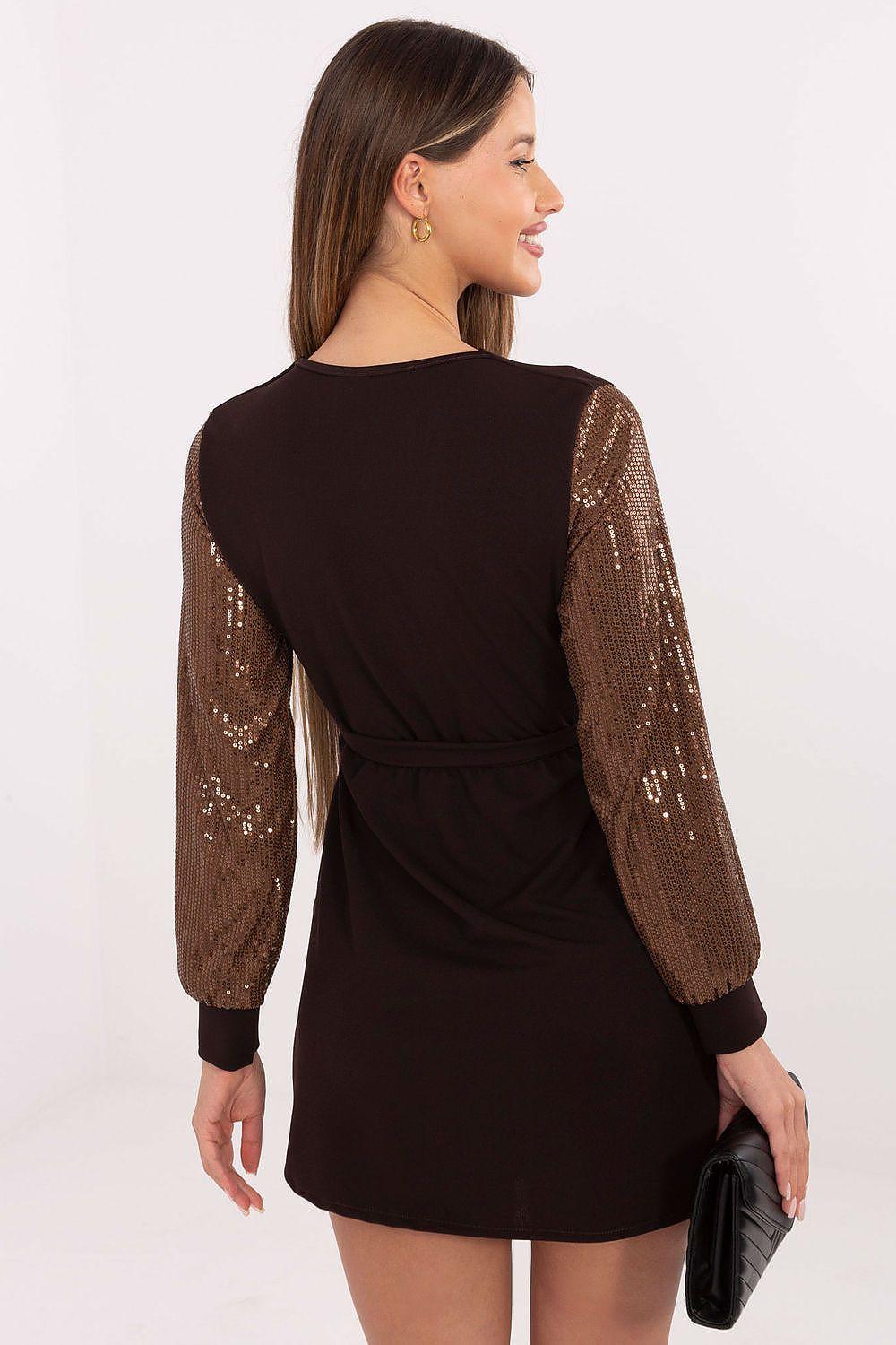 Brown mini wrap dress with wrap back, sequined sleeves and tie waist, back view