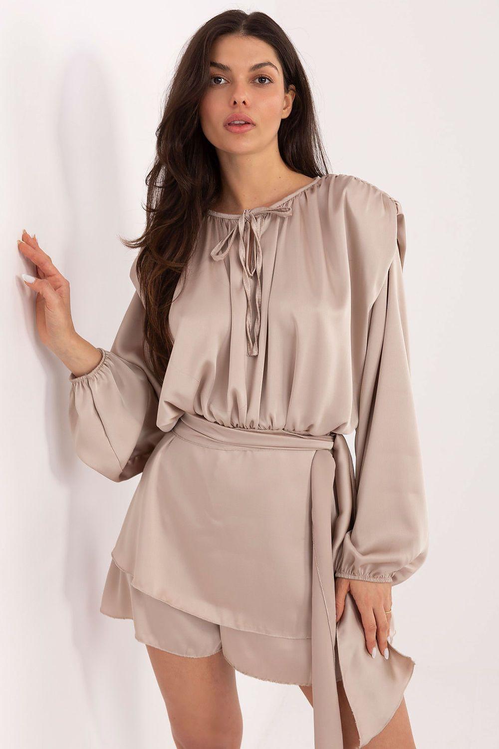 Beige ruffle-trim jumpsuit dress with puff sleeves and belted waist