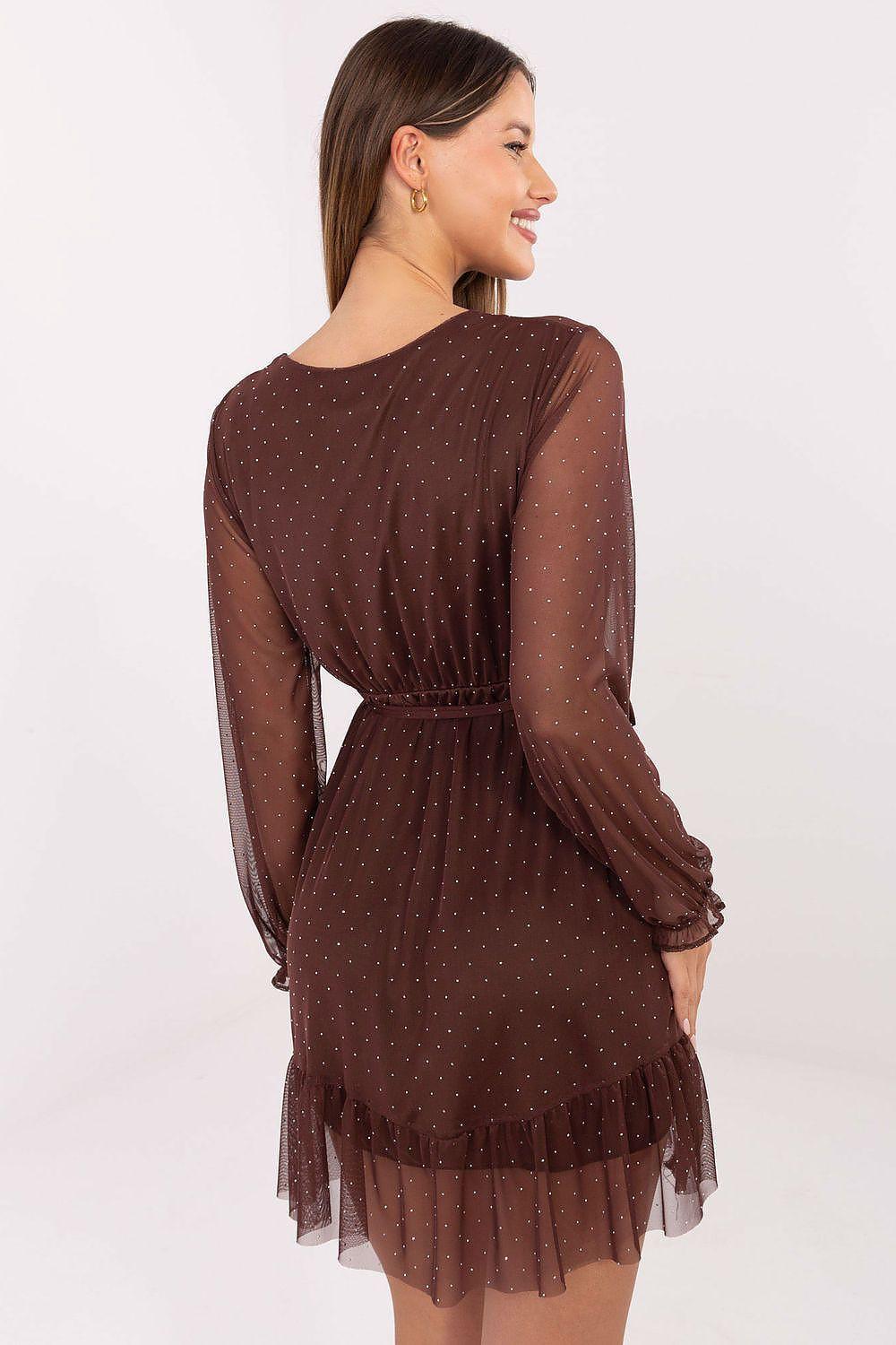 Brown short dress with sheer long sleeves, dotted fabric, tied waist, layered back hem