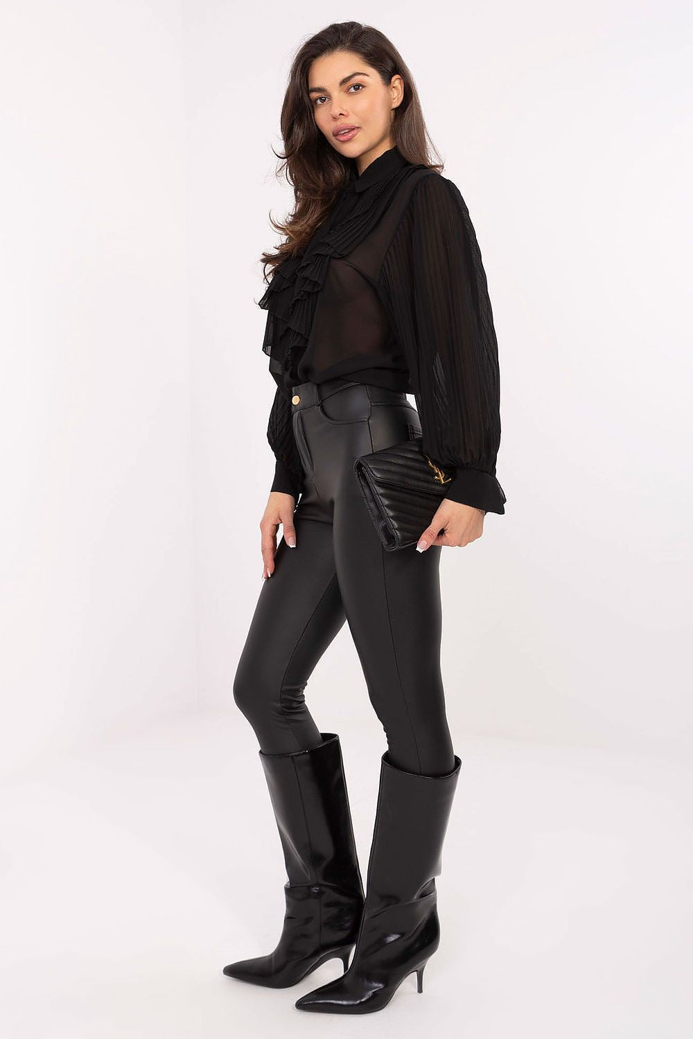 Black pleated long-sleeve shirt with ruffled jabot front and gold-button details