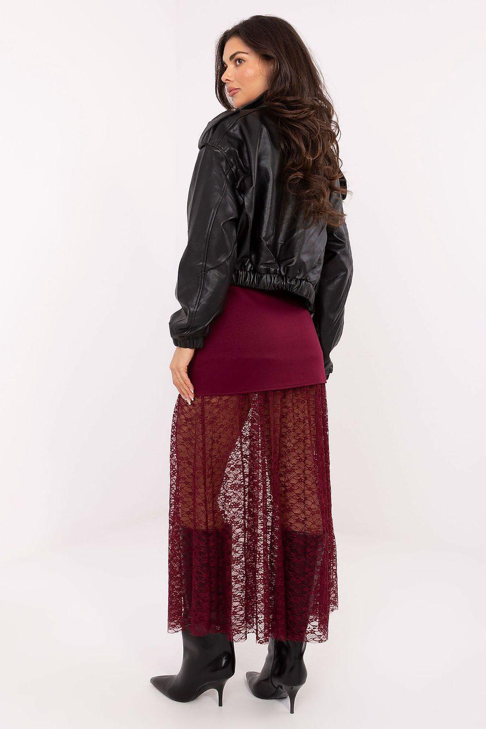 Lace midi skirt with sheer overlay and scalloped hem, burgundy with floral lace pattern