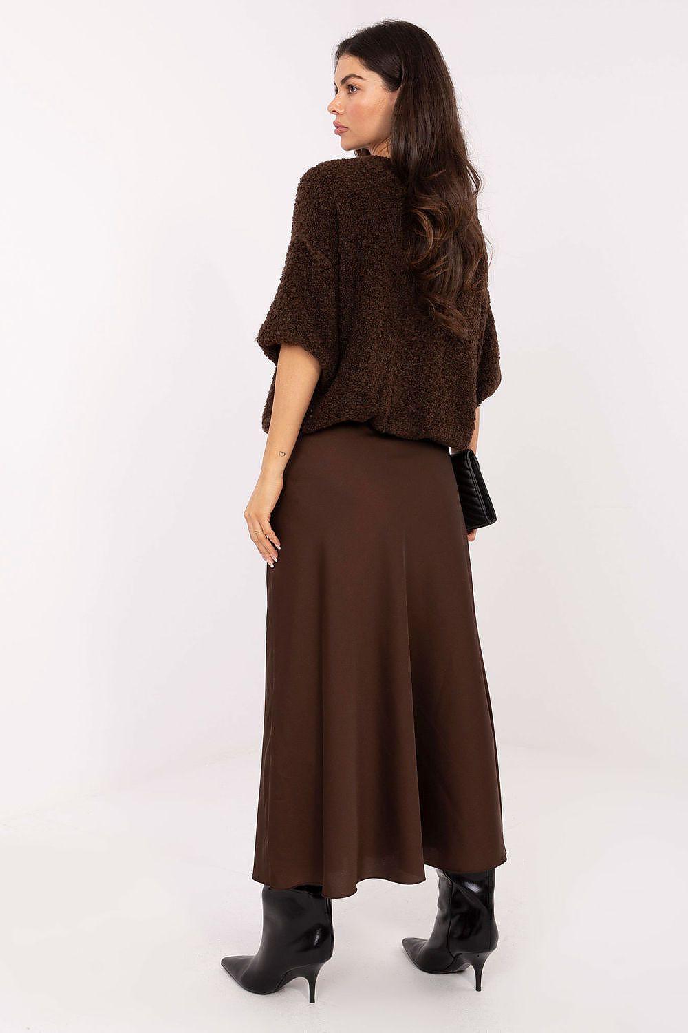 Brown long skirt side view with A-line shape and ankle-grazing hem