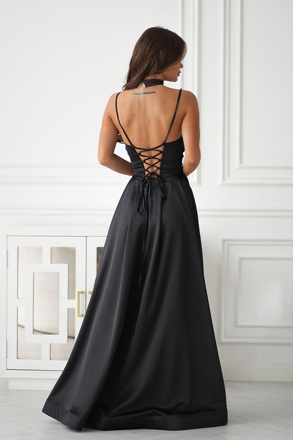Long black dress with spaghetti straps and crisscross lace-up back