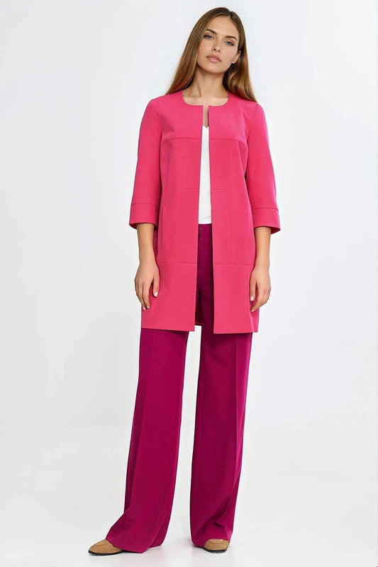 Pink blazer jacket with 3/4 sleeves, open front, mid-thigh length