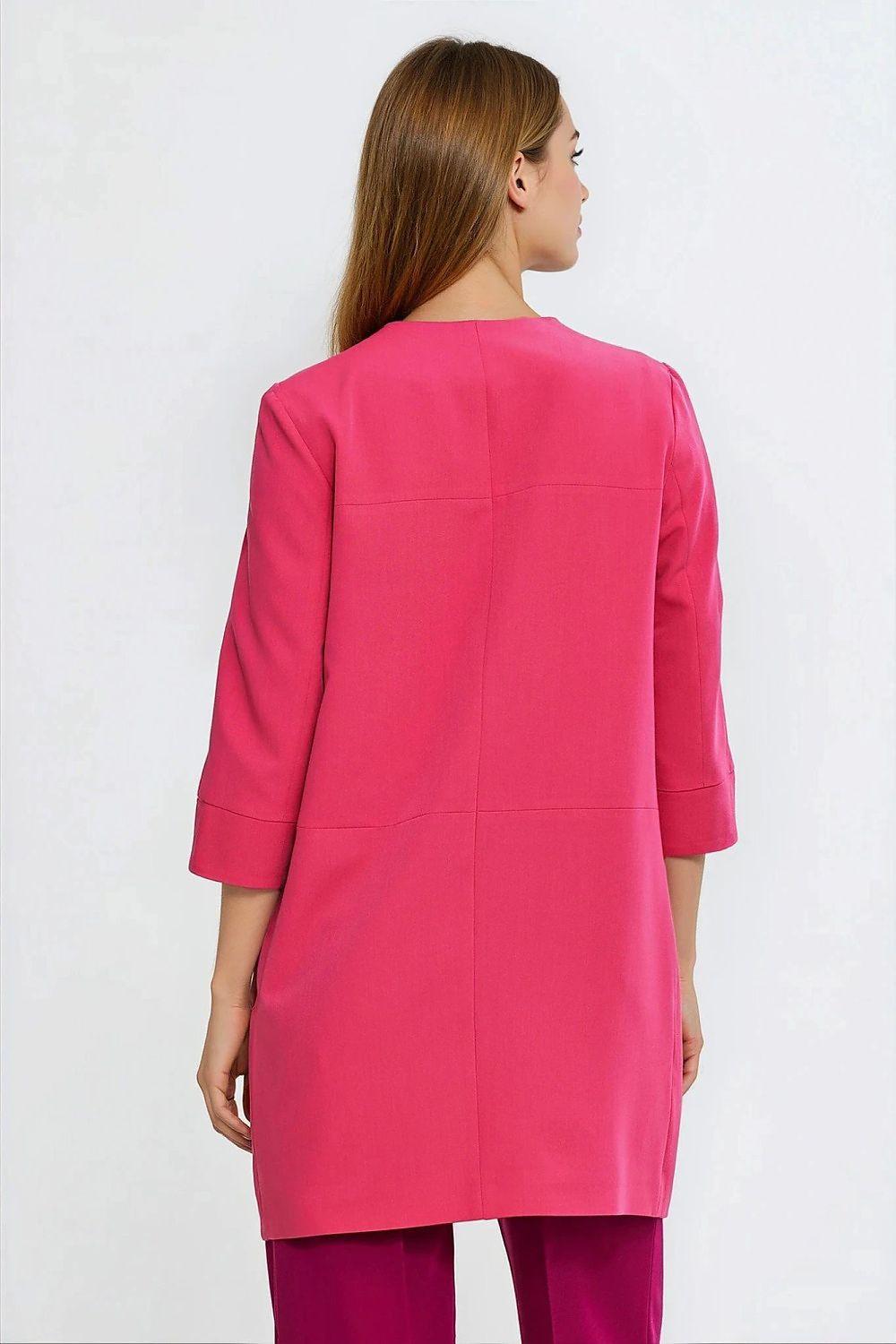 Women's pink blazer jacket back view with 3/4 sleeves and mid-thigh length