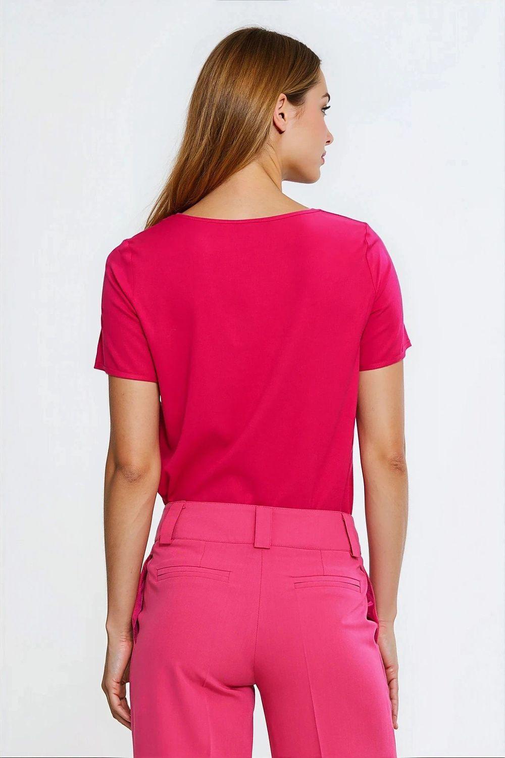 Pink boat-neck short-sleeve viscose blouse, back view with smooth neckline