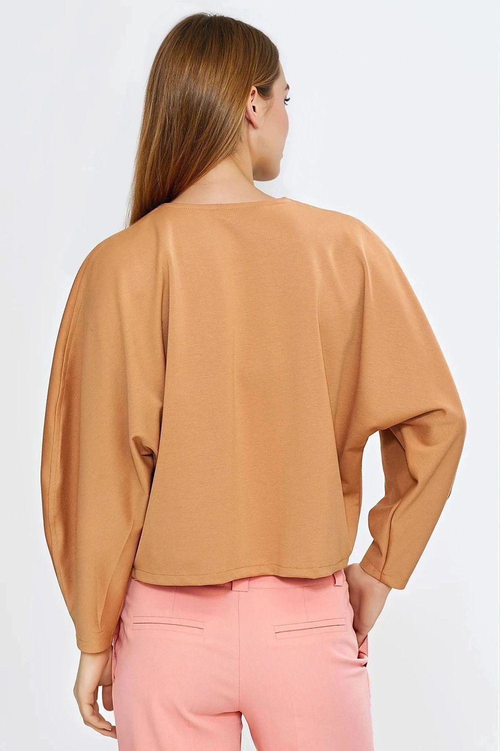 Back view of oversized V-neck blouse with balloon sleeves, brown