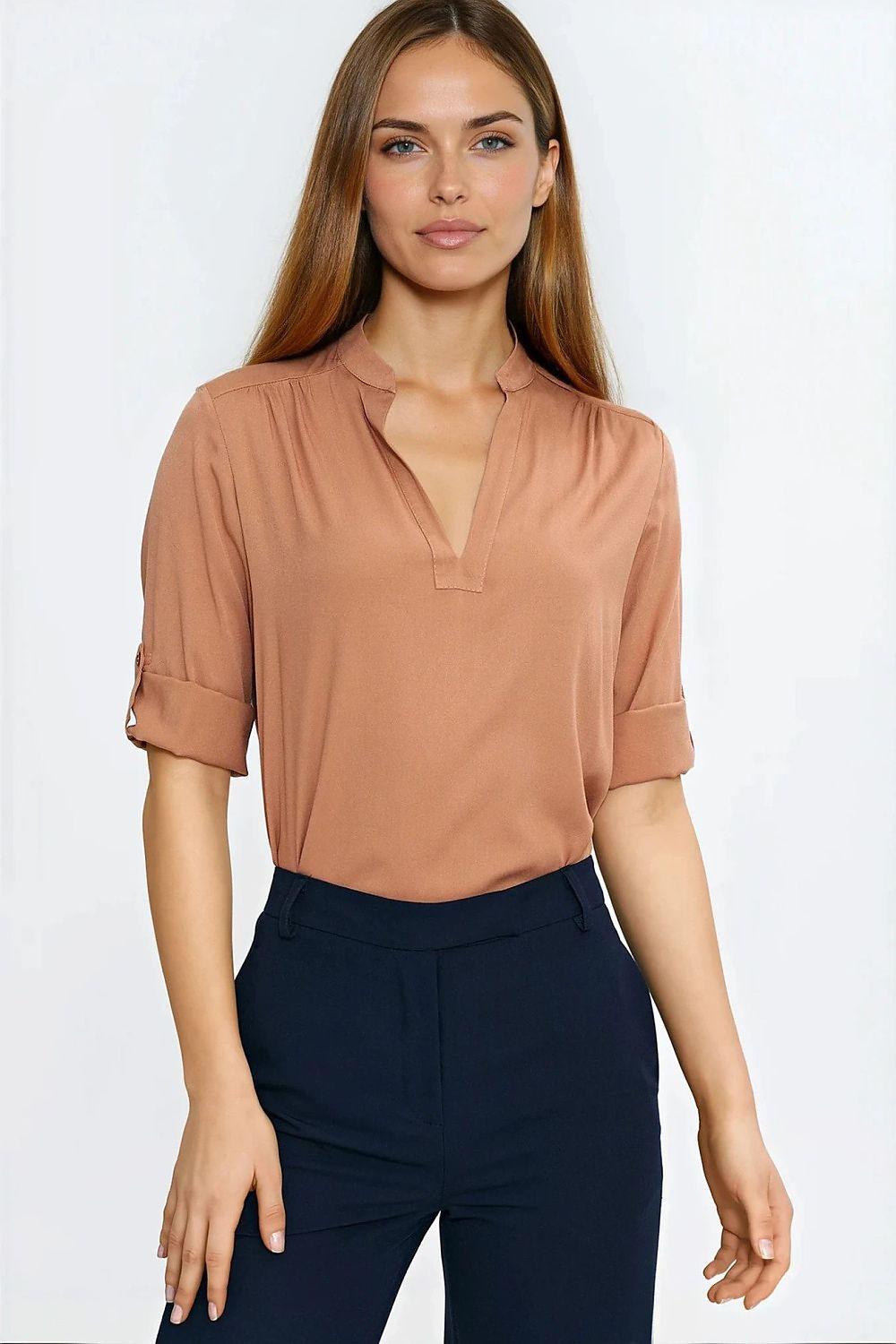 Nife viscose blouse brown with V-neck, short rolled sleeves, relaxed drape