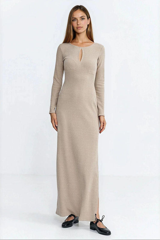 Beige ribbed maxi daydress with keyhole neckline and long sleeves