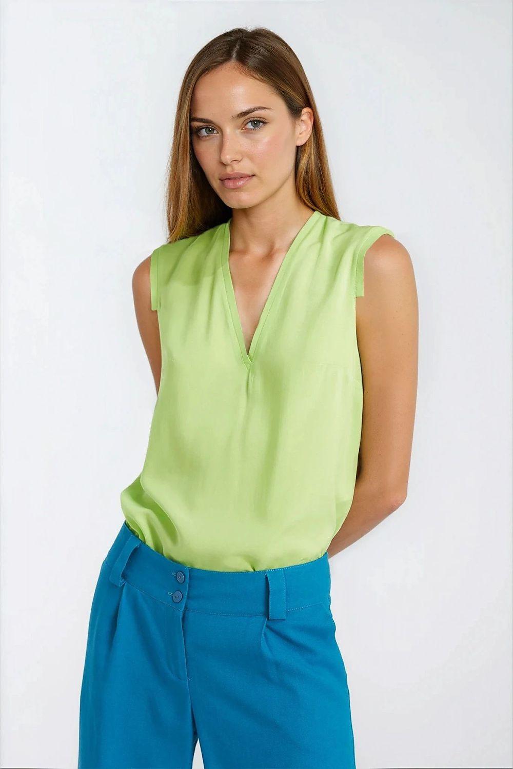 Sleeveless viscose blouse with V-neck, lime green close-up