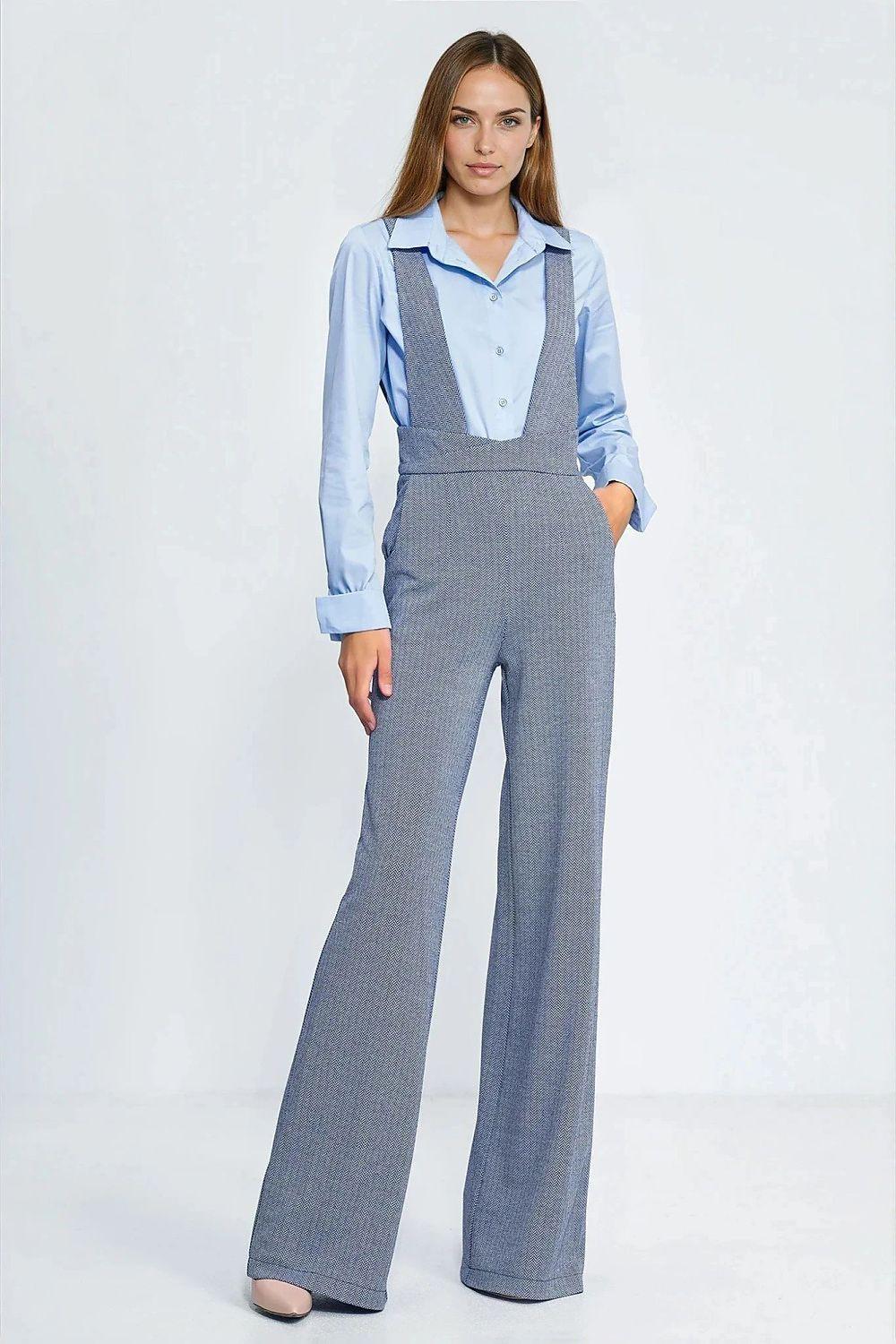 High-waist wide-leg jumpsuit trousers in dark gray-blue with front bib and straps