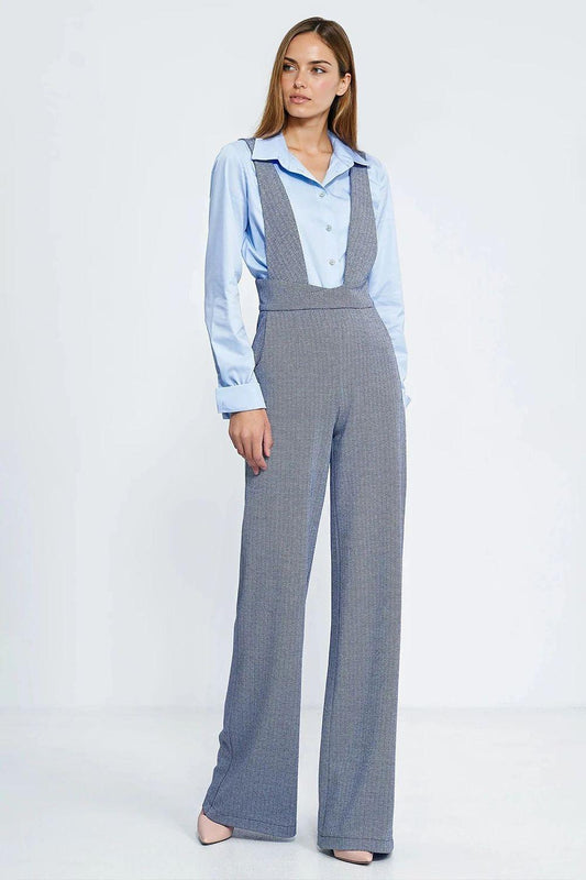 Navy blue wide-leg suspender pants, front bib and straight legs