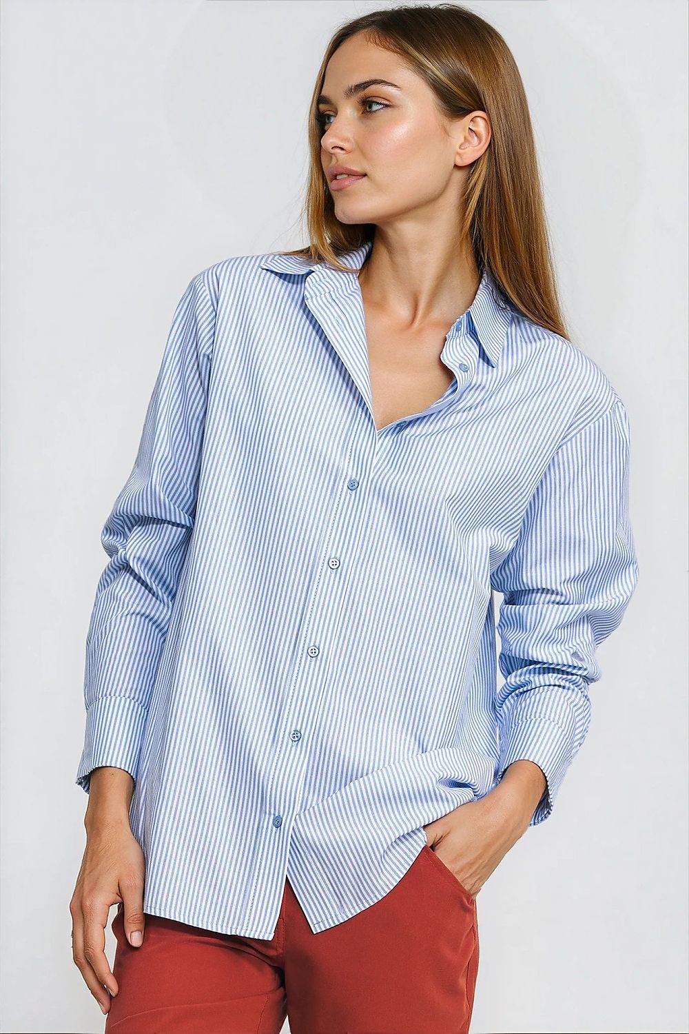 Blue and white striped long-sleeve button-front shirt with pointed collar and buttoned cuffs